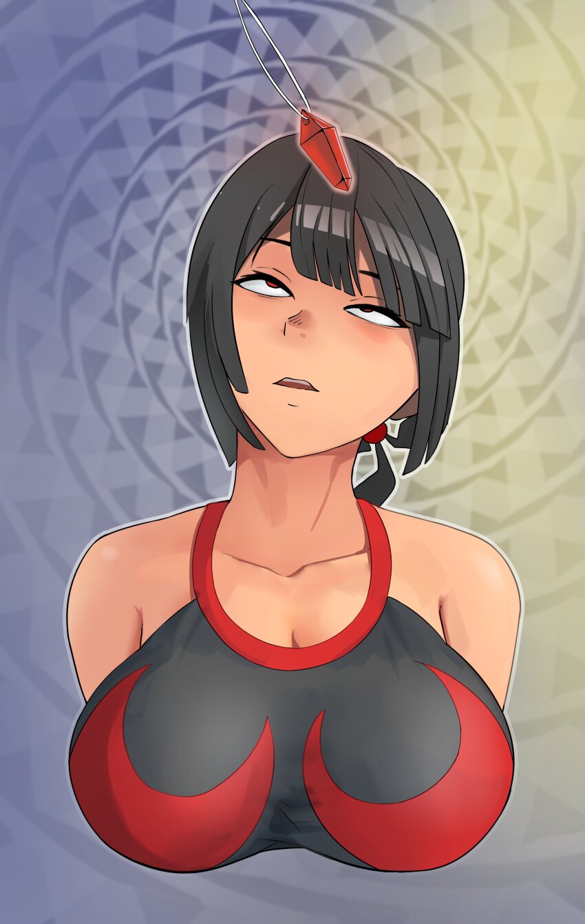 bare_shoulders black_hair breasts crystal dazed female_only femsub glatu glowing nintendo open_mouth pendulum pokemon red_eyes solo zinnia