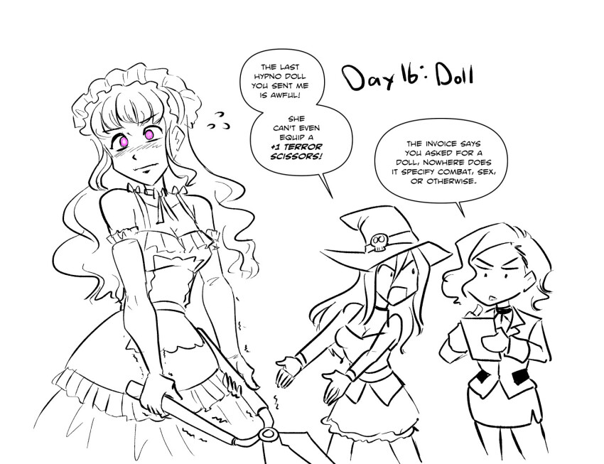 angry blush breasts choker cleavage dialogue doll dollification dress english_text eyebrows_visible_through_hair female_only femdom femsub glowing_eyes hat humor hypnovember long_hair maid_headdress majinsfw miel mina_morgan_(somebodyiusedtohypno) miniskirt open_mouth opera_gloves original pink_eyes ribbon short_hair side_slits simple_background skirt skull speech_bubble suit sweat text tight_clothing trembling veronica_nightingale_(majinsfw) weapon white_background witch_hat