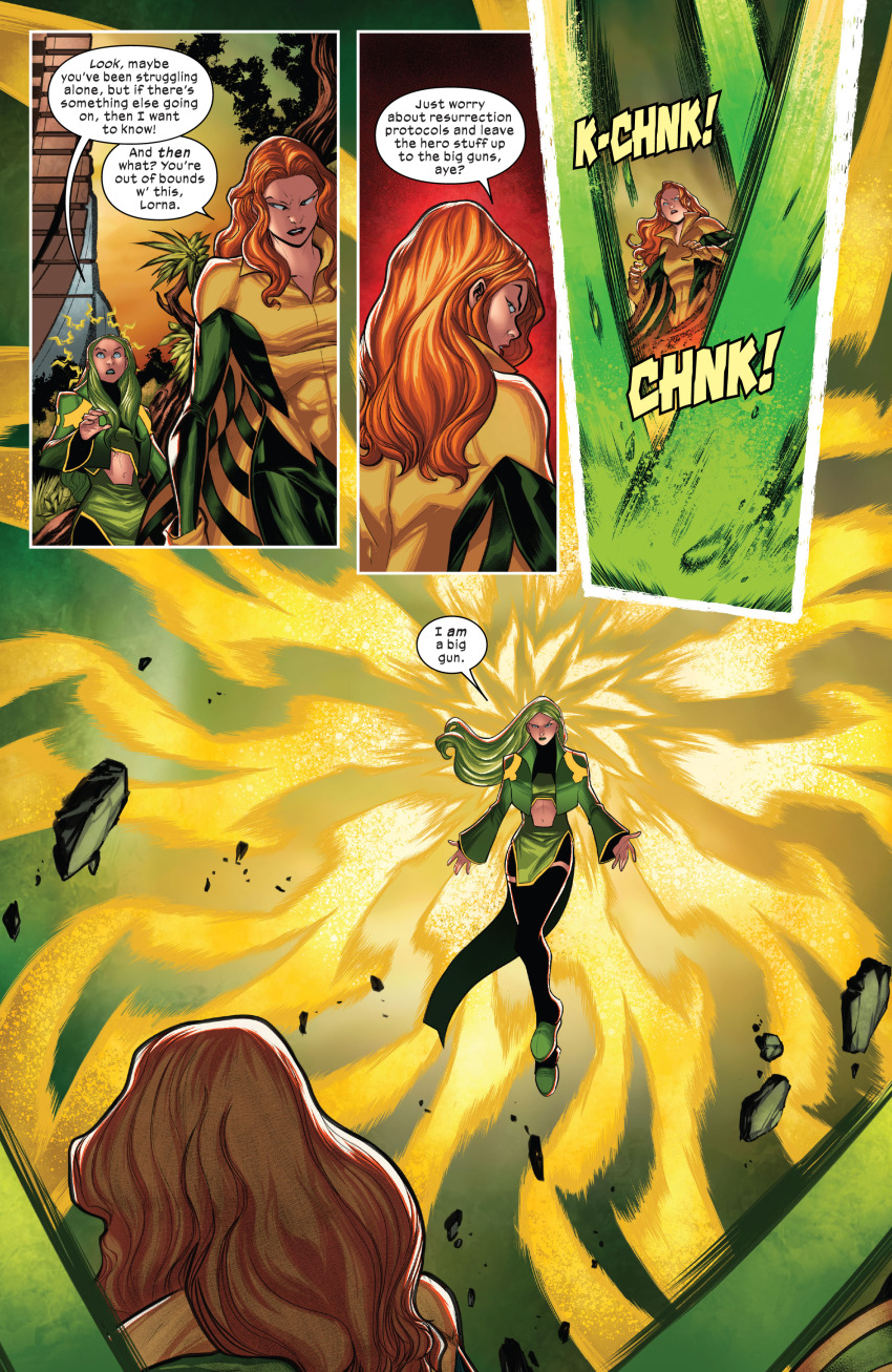 comic dialogue female_only green_hair long_hair marvel_comics official official_art polaris red_hair siryn super_hero x-men