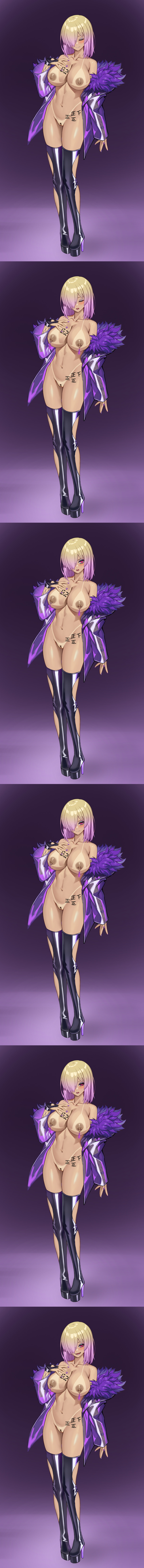 absurdres alternate_color_scheme alternate_costume angry blush body_writing boots collarbone corruption erect_nipples evil_smile eyeshadow fate/grand_order fate_(series) female_only femsub fingerless_gloves fishnets ganguro gloves glowing gradient_background hair_covering_one_eye heart high_heels huge_breasts hypnotic_accessory jacket lipstick makeup mashu_kyrielight midriff multicolored_hair nail_polish navel nipple_piercing nipples piercing pussy red_eyes resisting sequence shen_hai_ichigo simple_background smile smug solo tan_lines tan_skin thigh_boots thigh_gap thighs