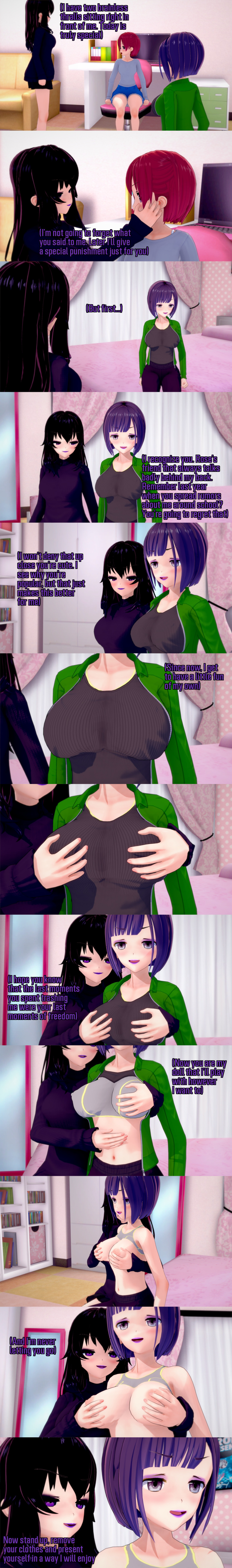 absurdres black_hair breast_grab breasts clothed dialogue english_text femdom femsub groping lia_(ophelia's_dollhouse) long_hair multiple_girls multiple_subs nipple_play nipples ophelia's_dollhouse ophelia_(ophelia's_dollhouse) purple_eyes purple_hair red_hair rose_(ophelia's_dollhouse) short_hair sisters sports_bra text topless undressing undressing_command zenin1