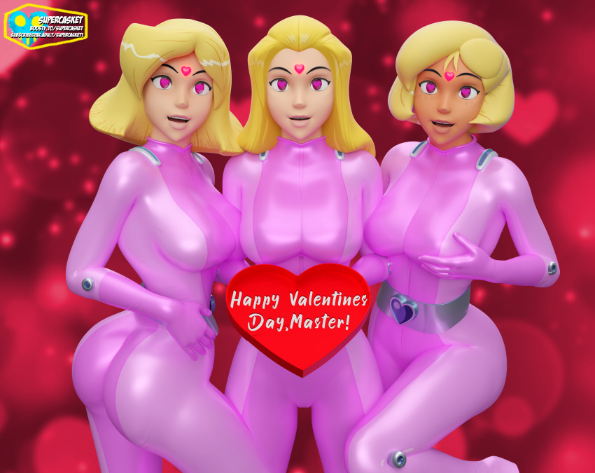 3d alex bimbofication blender blonde_hair bodysuit clover happy_trance heart heart_eyes sam supercasket symbol_in_eyes tight_clothing totally_spies valentine&#039;s_day