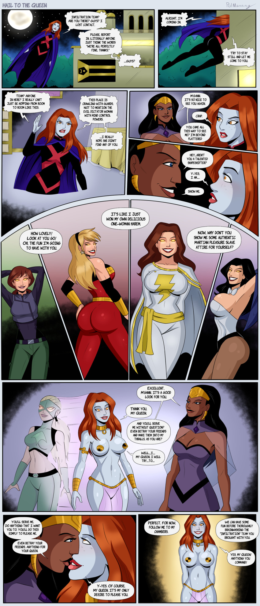 arm_bands artemis ass ass_expansion belt black_hair blonde_hair blue_eyes bow bow_tie breast_expansion breasts brown_hair cape cassie_sandsmark cleavage collar comic dark_skin dc_comics dialogue earrings english_text eye_roll female_only femdom femsub freckles glowing_eyes happy_trance harem_outfit headband kissing large_breasts light_skin long_hair mary_marvel mask midriff miss_martian multiple_girls orange_eyes pants pasties pheromones polmanning posing queen queen_bee red_hair shapeshifter shrunken_irises smile speech_bubble super_hero text traci_thirteen white_skin wonder_girl yellow_eyes young_justice zatanna_zatara