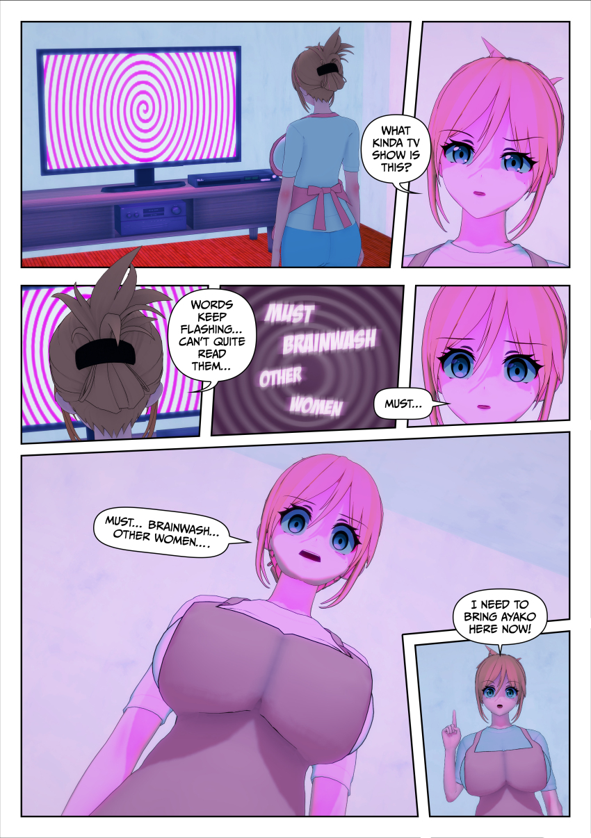 ayako_(hypnoink) blonde_hair blue_eyes blue_hair blush breasts cleavage clothed empty_eyes femdom femsub green_eyes hypnoink hypnotized_hypnotist large_breasts milf multiple_girls multiple_subs rollb spiral spiral_eyes summer_mc tamako_(hypnoink) text twintails