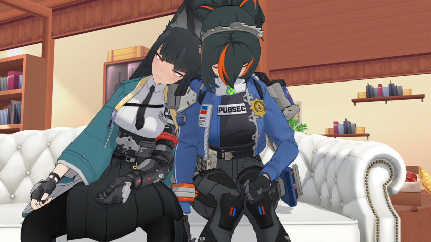 3d airmotor animal_ears bangs belt black_hair breasts clothed couch crossed_eyes dazed dress_shirt female_only femsub fingerless_gloves fox_ears fox_girl gloves hair_band hair_ornament hoshimi_miyabi jacket knee_pads knees_together limp mmd multicolored_hair multiple_girls multiple_subs open_mouth pants pantyhose police_uniform policewoman ponytail prosthetic_limb red_eyes red_hair skirt slouching spread_legs straight-cut_bangs thick_thighs thighs tie tight_clothing upskirt whitewash_eyes zenless_zone_zero zhu_yuan