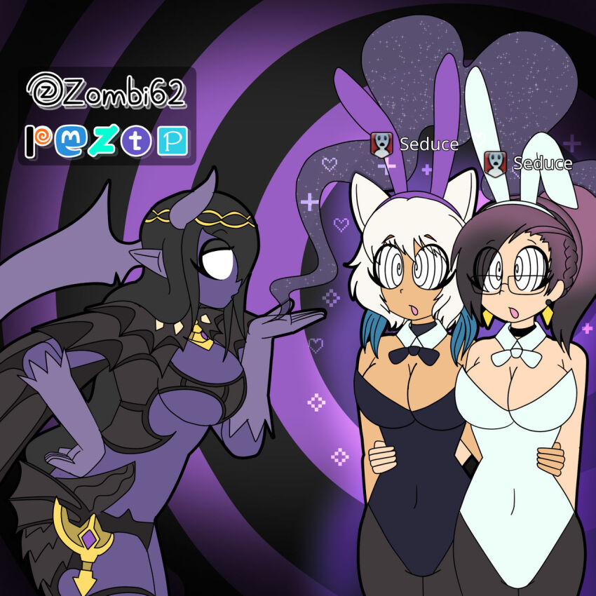 absurdres alternate_costume black_hair blowing_kiss bunny_ears bunny_girl bunnysuit charm_(spell) clothed demon_girl earrings english_text fake_animal_ears female_only femdom femsub final_fantasy final_fantasy_xiv gameplay_mechanics glasses grey_hair hand_on_hip heart horns jewelry lady_amandine mai_solara miqo&#039;te ponytail purple_hair short_hair spiral_background spiralwash_eyes square_enix sub_on_sub symbol text very_long_hair white_eyes wings y&#039;shtola yuri zombi62