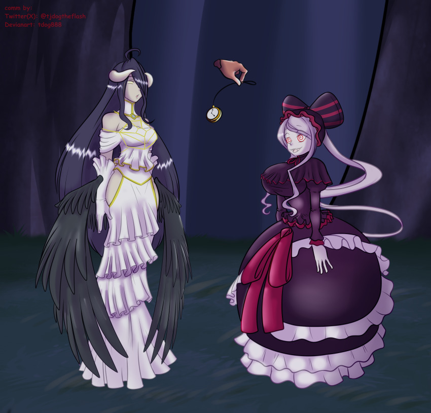 albedo_(overlord) bangs bare_shoulders bow clothed dazed dress fangs female_only femsub gloves happy_trance horns huge_breasts katsiika multiple_girls multiple_subs open_mouth overlord pendulum purple_hair shalltear_bloodfallen smile spiral_eyes standing twintails very_long_hair white_hair wings