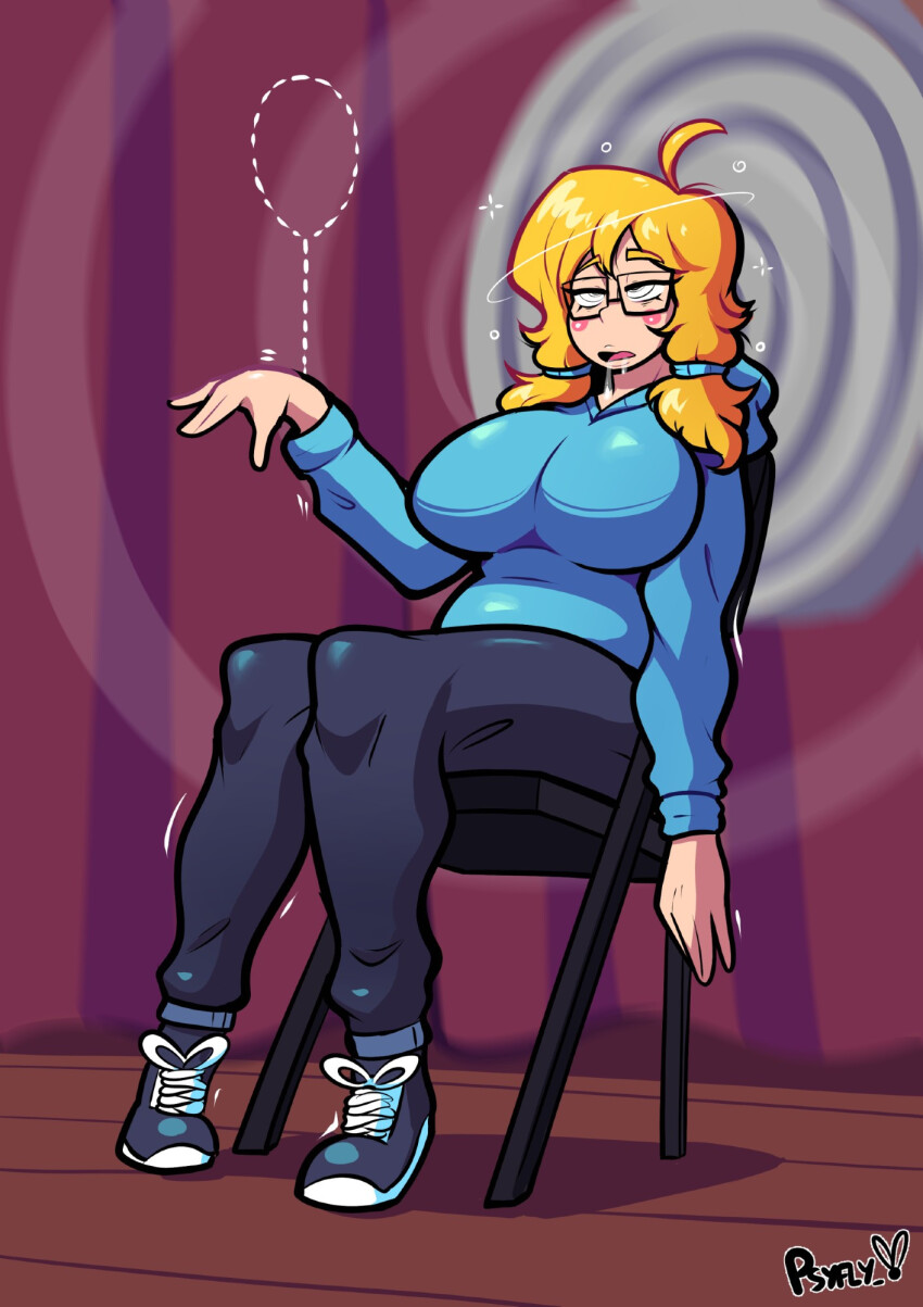 ahoge balloon blonde_hair blush chair clothed drool eyebrows_visible_through_hair female_only femsub glasses heavy_eyelids huge_breasts long_hair original pants psyfly shoes sitting socks solo spiral spiral_background spiral_eyes stage_hypnosis sweater triss_(psyfly)