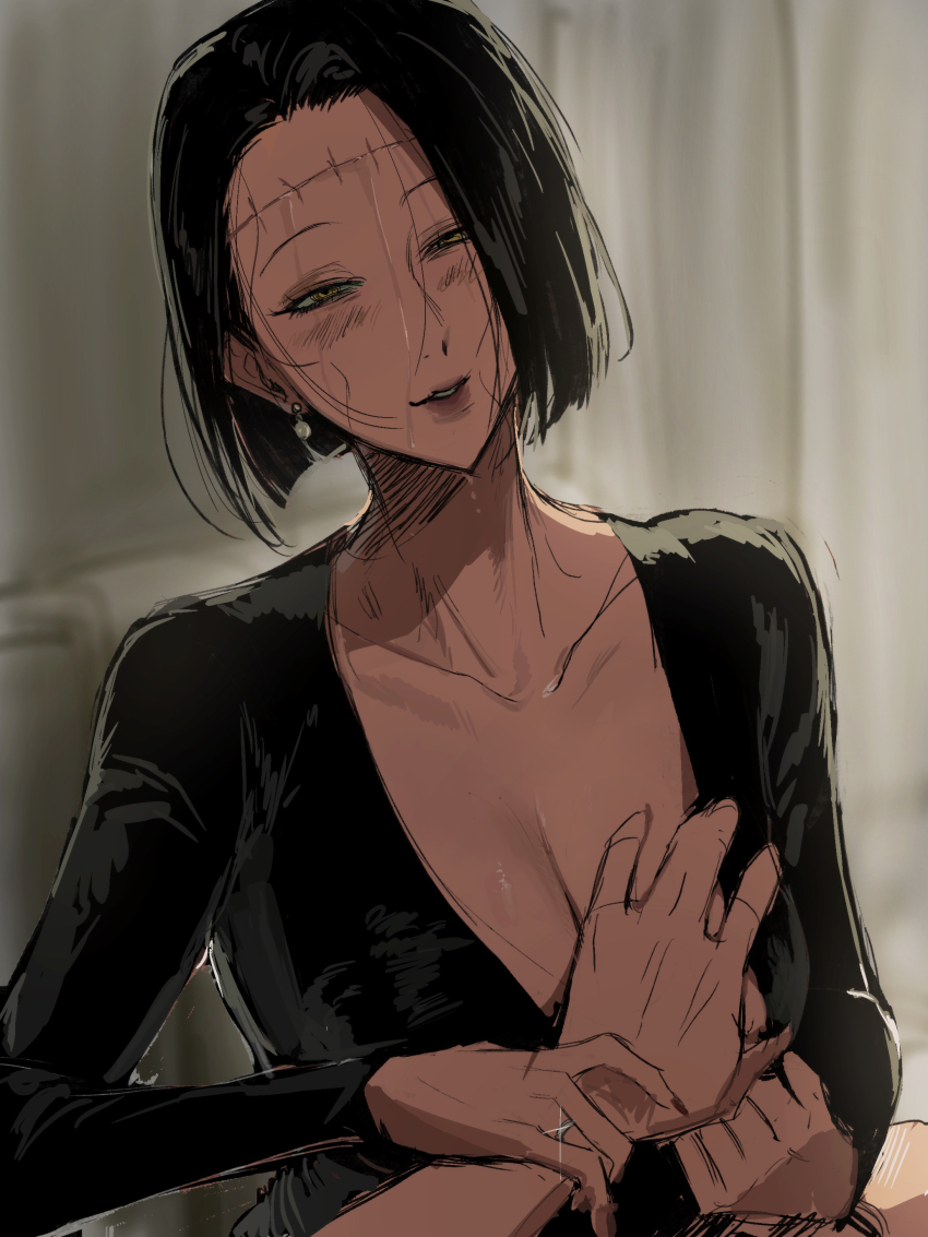 black_hair blush breast_grab breasts clothed earrings femsub itadori_kaori jujutsu_kaisen kenjaku lobotomy milf possession scars short_hair soki stitches sweat wedding_ring yellow_eyes