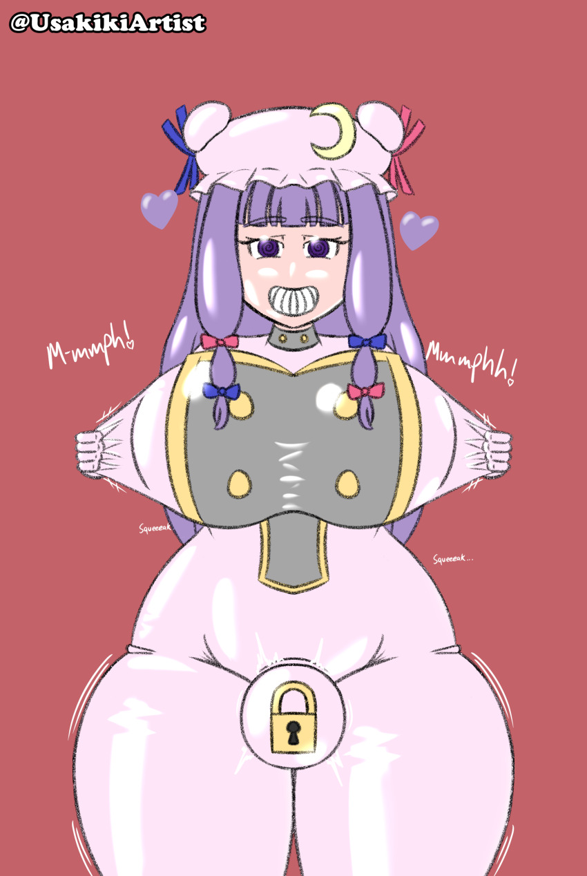 ass bodysuit breasts bulge female_only femsub futa_only futanari futasub hair_ornament hair_ribbon happy_trance hat heart huge_breasts latex long_hair meat_corp null_bulge patchouli_knowledge purple_eyes purple_hair rubber smile spiral_eyes standing symbol_in_eyes thick_thighs touhou uniform usakiki