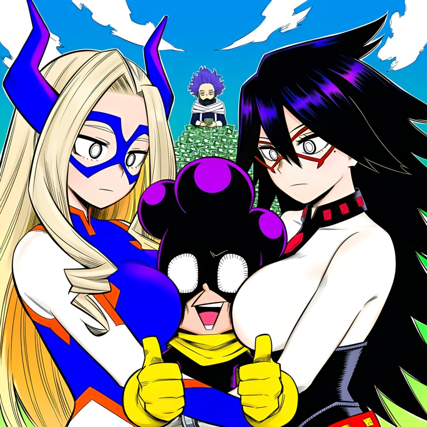 ai_art black_hair blonde_hair breast_press costume empty_eyes english_text expressionless femsub gloves hellsing002_(generator) hitoshi_shinso maledom mask minoru_mineta money my_hero_academia nemuri_kayama purple_hair yu_takeyama