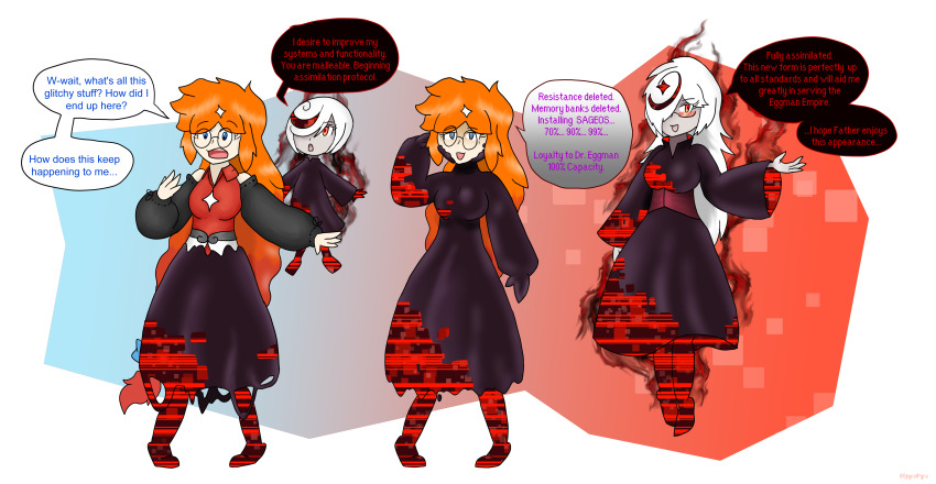 alternate_color_scheme alternate_costume alternate_hair_color alternate_hairstyle assimilation aura blue_eyes breast_expansion breasts comic corruption dialogue dress english_text eye_color_change female_only femdom femsub floating fusion glasses hair_covering_one_eye happy_trance large_breasts long_hair open_mouth orange_hair original pale_skin possession pyra_(spyralpyra) red_eyes sage_(sonic_frontiers) sequence short_hair smile sonic_frontiers sonic_the_hedgehog_(series) speech_bubble spyralpyra text transformation very_long_hair white_hair