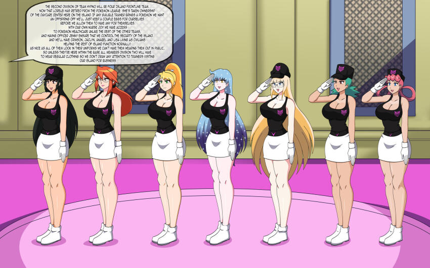 anabel_(mexigojira) black_hair blonde_hair crimson_(stepfordcrimson) dialogue dlobo777 empty_eyes femsub glasses green_hair happy_trance jaclyn_(corruptionprincess) large_breasts lisa_(cosmogisforever) lorelei nintendo nurse_joy officer_jenny orange_hair original pink_hair pokemon team_hypno text