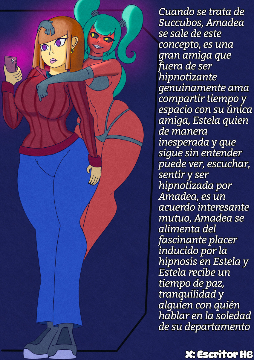 amadea_(escritor_hb) black_sclera confused consensual escritor_hb estela_(escritor_hb) evil_smile femsub green_hair original phone purple_eyes red_skin spanish spiral_eyes succubus tech_control yuri