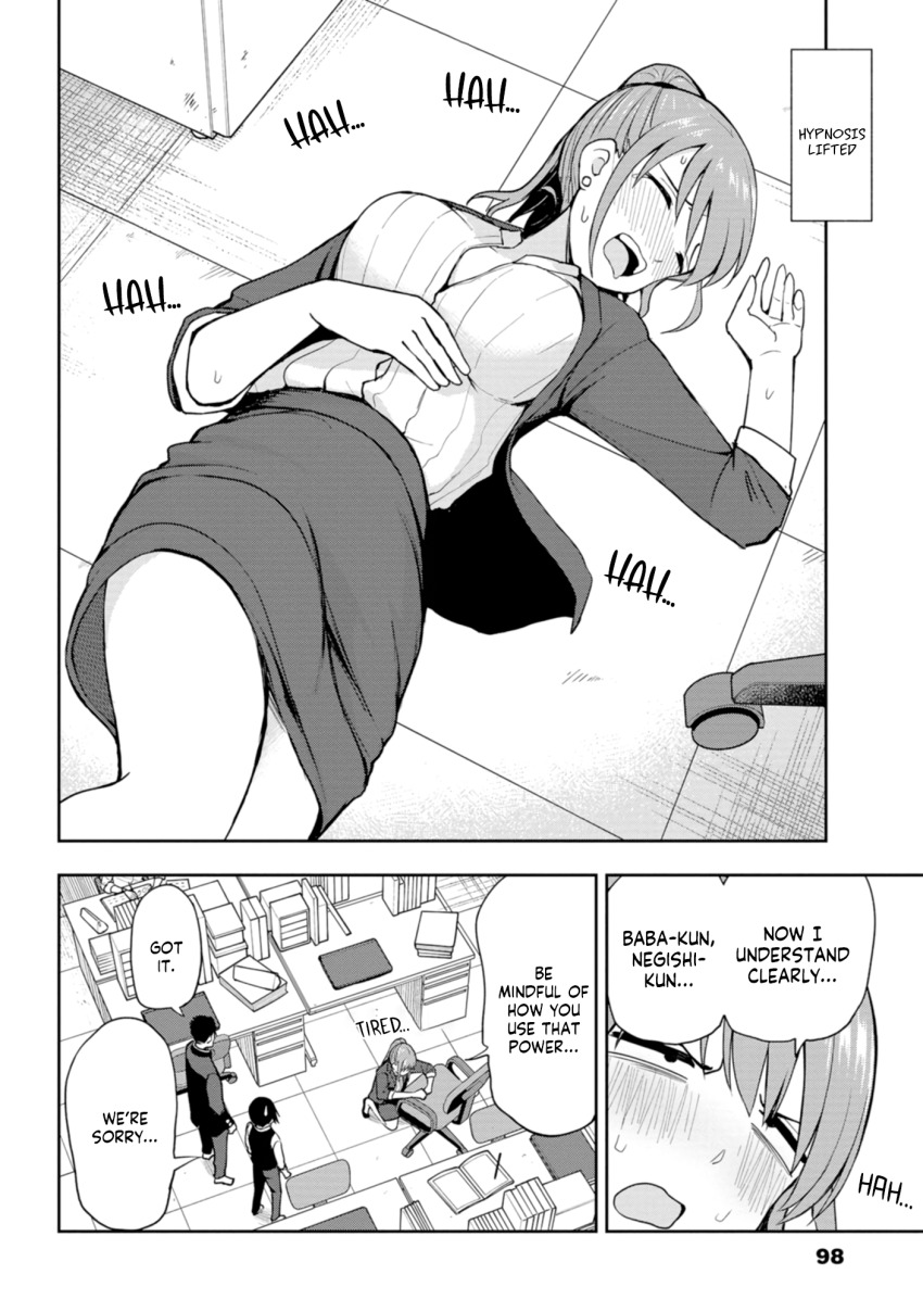 blush breasts comic english_text femsub large_breasts maledom momoko_irosaki mousou_sensei official open_mouth ponytail shirt skirt speech_bubble teacher traditional_hypnosis yuu_negishi yuzuchiri