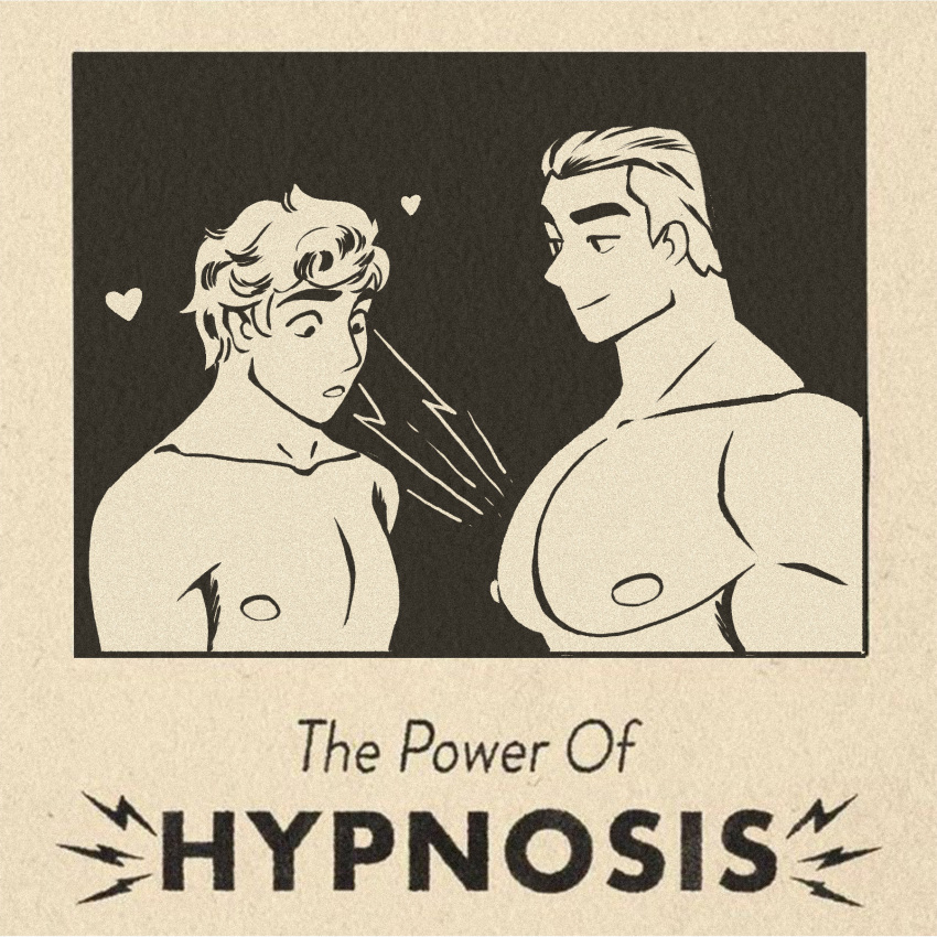 advertisement caldatelier english_text heart hypnotic_muscles male_only maledom malesub meme monochrome multiple_boys nipples short_hair smirk text topless yaoi