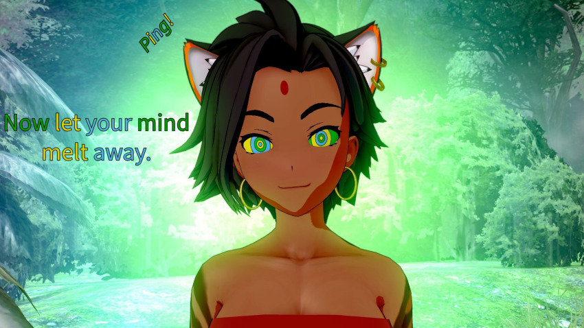 bare_shoulders black_hair female_only femsub happy_trance jewelry kaa_eyes koikatsu! perfect_idiot rwby sienna_khan text tiger_girl