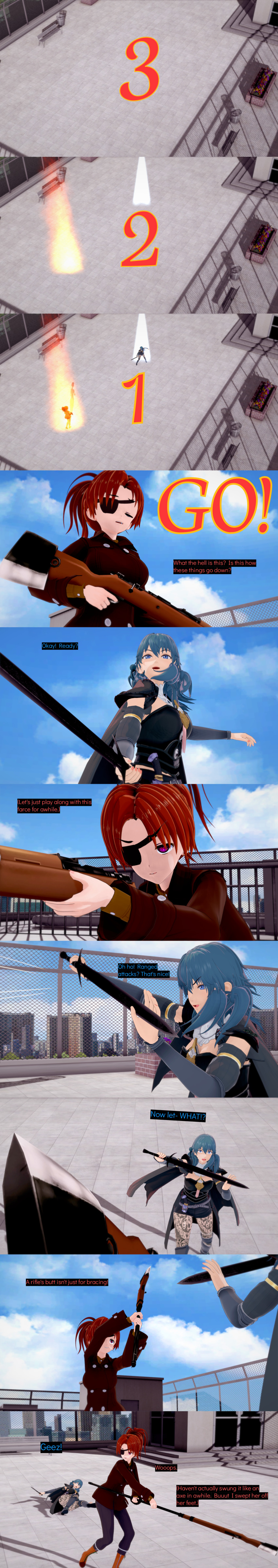 absurdres aware blue_eyes blue_hair byleth_eisner closed_eyes confused cyanstargazer dialogue english_text eyepatch female_only fire_emblem fire_emblem_three_houses gun multiple_girls nintendo red_eyes red_hair short_hair super_smash_bros. surprised sword text weapon