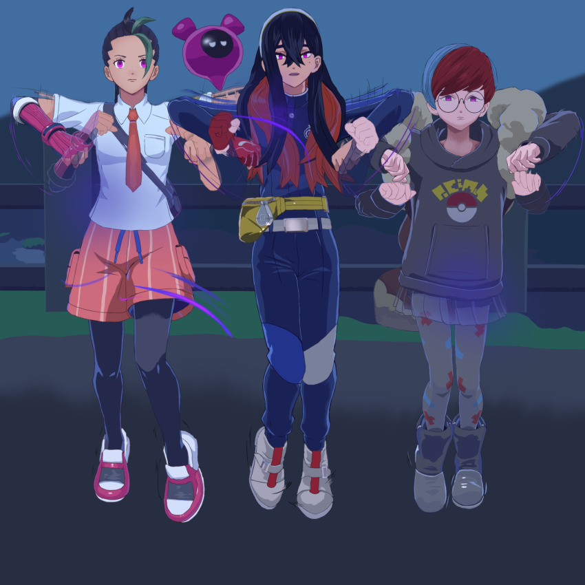 3d aura blue_hair carmine_(pokemon) chicken_pose expressionless femsub glasses green_hair hairband hddenprotocol long_hair mochi_dance nemona_(pokemon) nintendo open_mouth pecharunt penny_(pokemon) pokemon pokemon_scarlet_and_violet ponytail purple_eyes red_hair short_hair tie