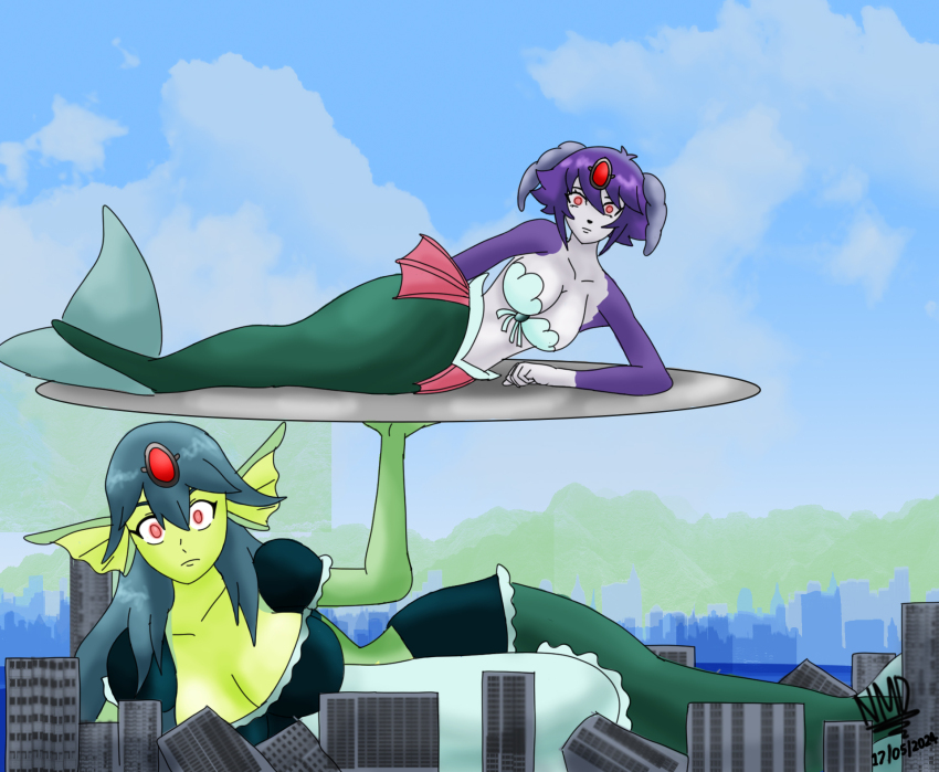 ayuko_(jcroth) blue_hair cosplay furry giantess giga_mermaid glowing_eyes goat_girl horns hypnotic_accessory indeedee maid mermaid nintendo original pokemon purple_hair shantae_(series) wayforward