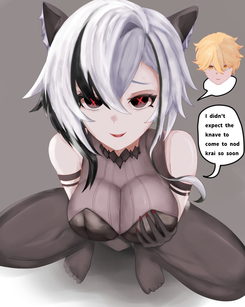 absurdres aether_(genshin_impact) alternate_costume arlecchino_(genshin_impact) black_eyes black_hair blonde_hair breasts cat_ears cat_girl cleavage clothed dialogue english_text fake_animal_ears femsub genshin_impact holding_breasts large_breasts lipstick makeup maledom multicolored_hair possession red_lipstick short_hair smile speech_bubble squatting text white_hair yang_yang yellow_eyes