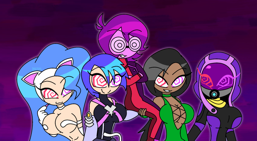 alien_girl aqua_(kingdom_hearts) arm_warmers aura bare_shoulders black_hair blue_hair bodysuit capcom carrying cat_ears cat_girl choker cleavage_cutout crossover dark_skin darkstalkers disney eyebrows_visible_through_hair eyelashes felicia_(darkstalkers) femsub fingerless_gloves glasses happy_trance harem heterochromia hood hypno-scream_(hypnoscream) hypnoscream jade_(mortal_kombat) kingdom_hearts kingdom_hearts_birth_by_sleep large_breasts leotard maledom mask mass_effect mortal_kombat multiple_girls multiple_subs opera_gloves original ponytail purple_background shiny_hair short_hair simple_background smile smug spiralwash_eyes square_enix tail tali'zorah_nar_rayya tied_hair very_long_hair