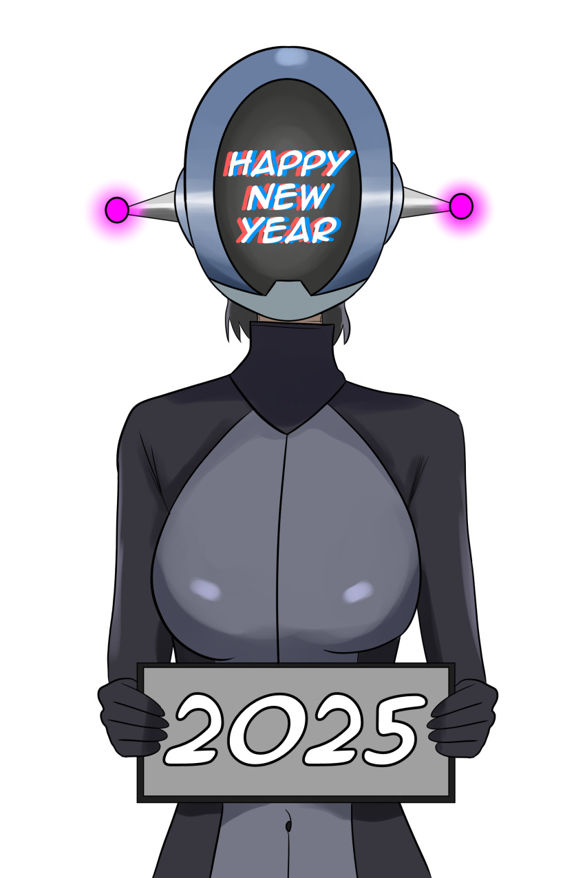 absurdres antenna bodysuit breasts clefla drone dronification female_only femsub glowing helmet new_years original short_hair sign simple_background solo text white_background