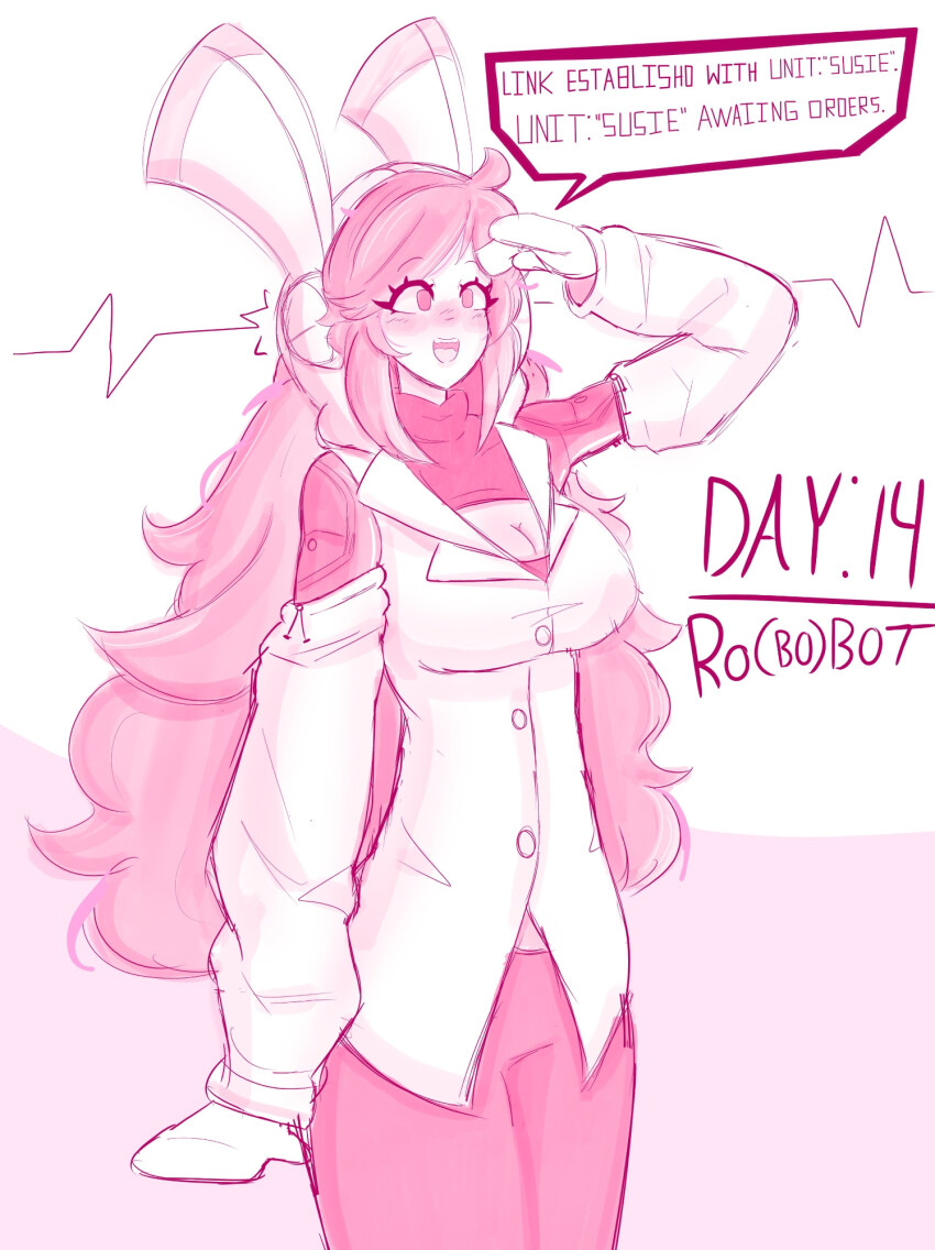 a_singular_fish ahoge arm_warmers blush cleavage cleavage_cutout clothed earpiece empty_eyes eyebrows_visible_through_hair female_only femsub gloves hacking happy_trance hoodie hypnovember kirby_(series) large_breasts long_hair nintendo open_mouth pants pink_eyes pink_hair robotic_trance saluting simple_background smile solo susie_(kirby) sweater t-shirt text white_background