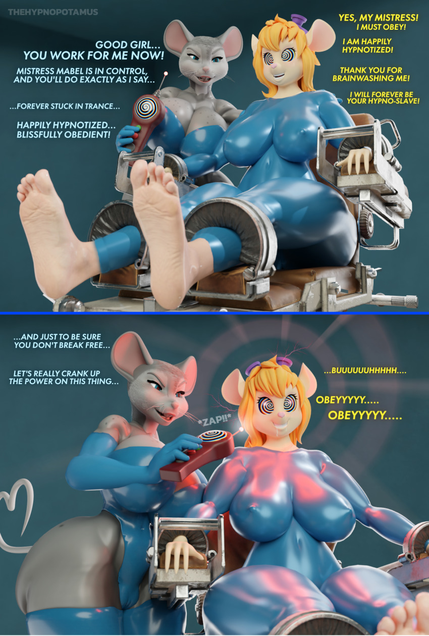 3d animal_ears barefoot blue_eyes bodysuit chair chip_n_dale_rescue_rangers clothed_exposure drool feet female_only femdom femsub foot_focus furry gadget_hackwrench goggles_on_head happy_trance large_breasts mesmer_mouse_(hypnopotamus) mouse_girl multiple_girls original remote_control restrained sequence smile spiral_eyes tagme tail tech_control text thehypnopotamus
