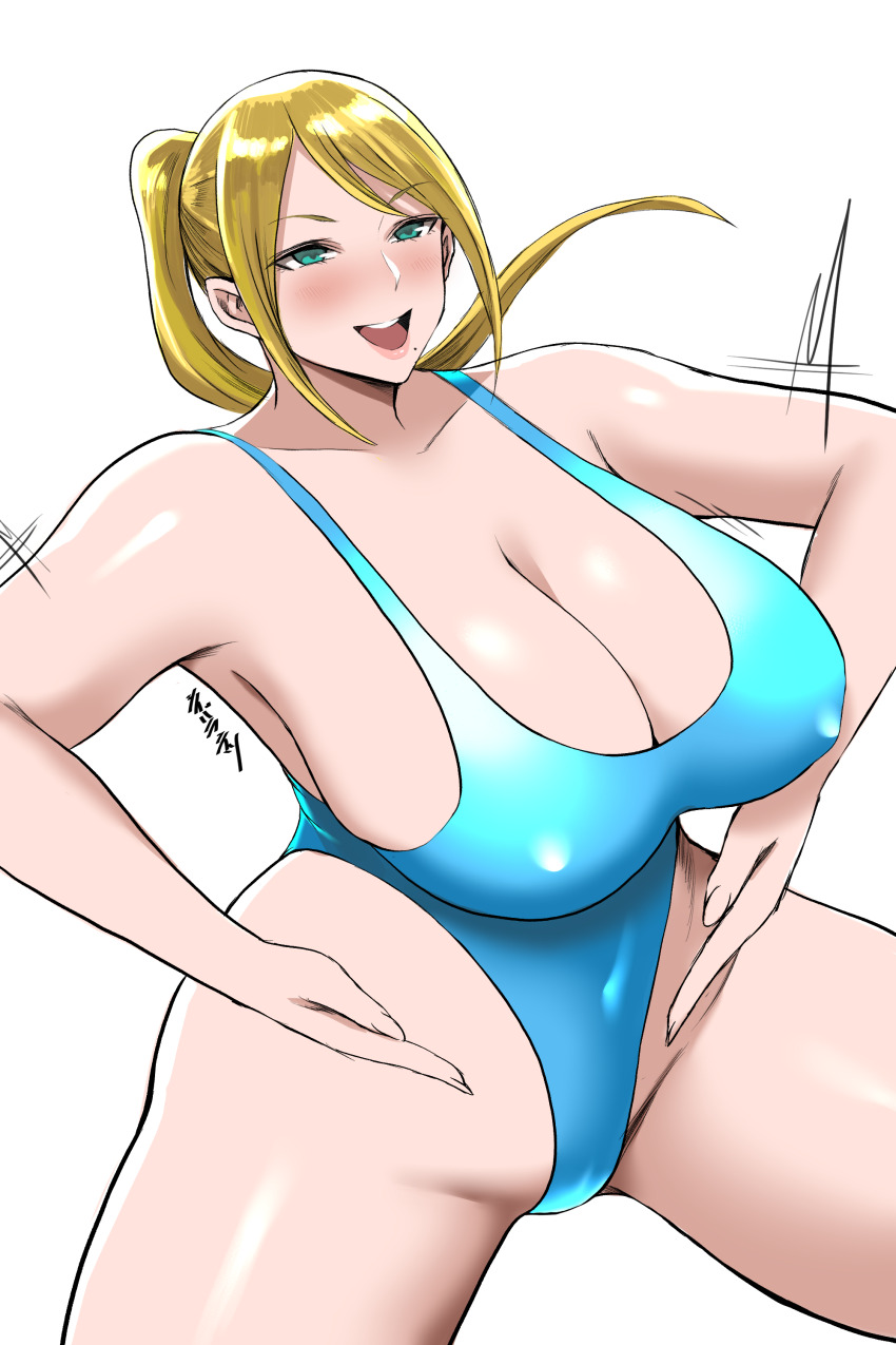 absurdres blush cleavage empty_eyes erect_nipples_under_clothes female_only femsub haigure huge_breasts long_hair metroid_(series) mole nintendo one-piece_swimsuit open_mouth ponytail samus_aran simple_background smile solo spread_legs squatting swimsuit white_background