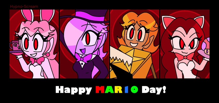 bare_shoulders border bow_tie box bunny_ears bunny_girl bunnysuit cat_ears cleavage clothed cuffs earrings eyebrows_visible_through_hair female_only femsub gloves hair_covering_one_eye hand_on_hip happy_trance hat hypnoscream leotard long_hair magician multiple_girls multiple_subs mushroom nintendo open_mouth orange_hair pauline pink_hair pink_skin princess_daisy princess_peach princess_rosalina purple_hair purple_skin red_background red_eyes red_hair restrained sideboob signature smile smirk spiral_background suit super_mario_bros. super_mario_galaxy super_mario_odyssey tan_skin text thighhighs top_hat tray