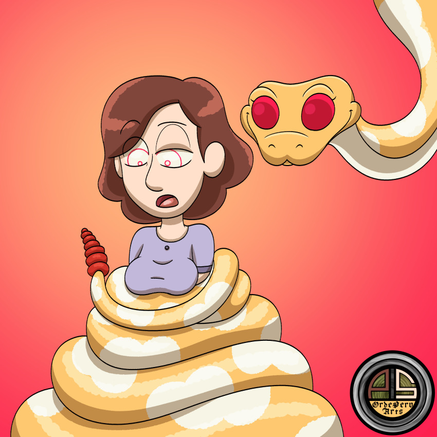 brown_hair coils dazed femdom femsub hilda_(netflix) johanna_(hilda) kela_(zengo888) milf open_mouth ordeper_arts original pajamas rattlesnake restrained ring_eyes simple_background snake