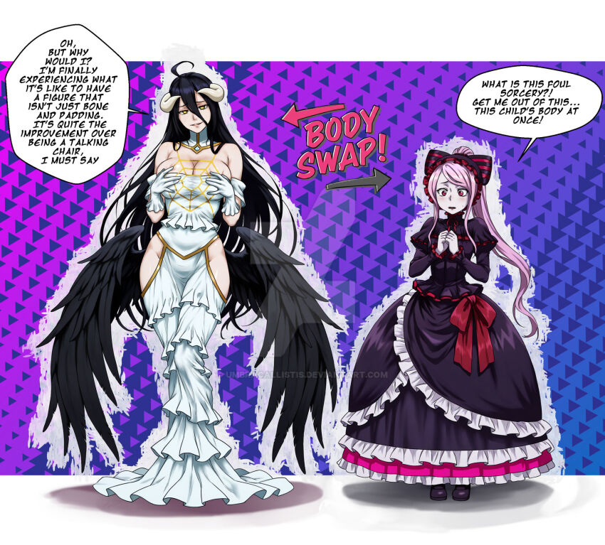 ahoge albedo_(overlord) arrow bare_shoulders black_hair blush body_swap bow breast_fondling cleavage confused dialogue dress english_text female_only femdom femsub gloves holding_breasts horns large_breasts overlord pale_skin pink_hair ponytail possession red_eyes shalltear_bloodfallen slit_pupils smile smug speech_bubble standing succubus sweat text thighhighs thighs umbra_callistis vampire very_long_hair wings yellow_eyes