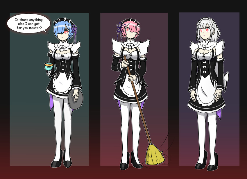absurdres bangs border bow clothed dialogue emilia_(re:zero) expressionless female_only femsub gradient_background hair_covering_one_eye high_heels hy2300 leggings long_hair maid maid_headdress maledom multiple_girls multiple_subs ram_(re:zero) re:zero_starting_life_in_another_world red_eyes rem_(re:zero) short_hair simple_background spiral_eyes straight-cut_bangs symbol_in_eyes text