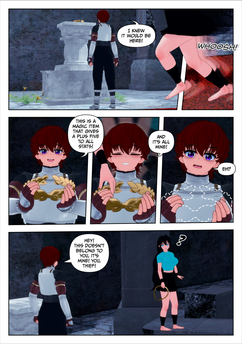 black_hair blue_eyes blush clothed comic dialogue dragon_girl feet femsub long_hair maledom milly_(skecchyartist) original panties rollb skecchyartist skirt spiral_eyes text