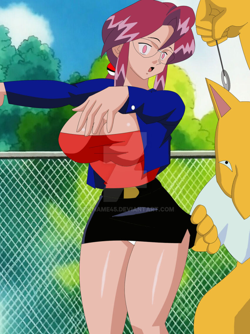 empty_eyes femsub glasses hypno jacket large_breasts long_hair lorelei nintendo outdoors pendulum pikname45 pokemon pokemon_(creature) red_hair skirt zombie_walk