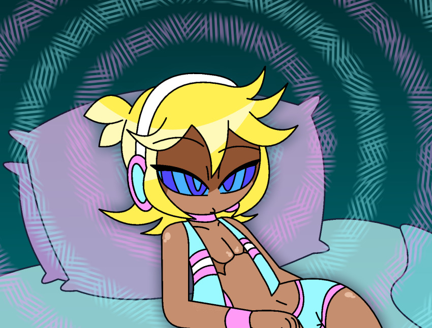 ahoge alternate_color_scheme alternate_costume bare_legs bare_shoulders bed bedroom blonde_hair blue_background blue_eyes bracelet choker collarbone dark_skin exposed_chest expressionless eyebrows_visible_through_hair headphones heavy_eyelids hypnoscream len_kagamine lying male_only malesub open_clothes pov pov_dom pride_colors ring_background ring_eyes scars shiny_skin shorts transgender_identity transmasc vest vocaloid wide_hips