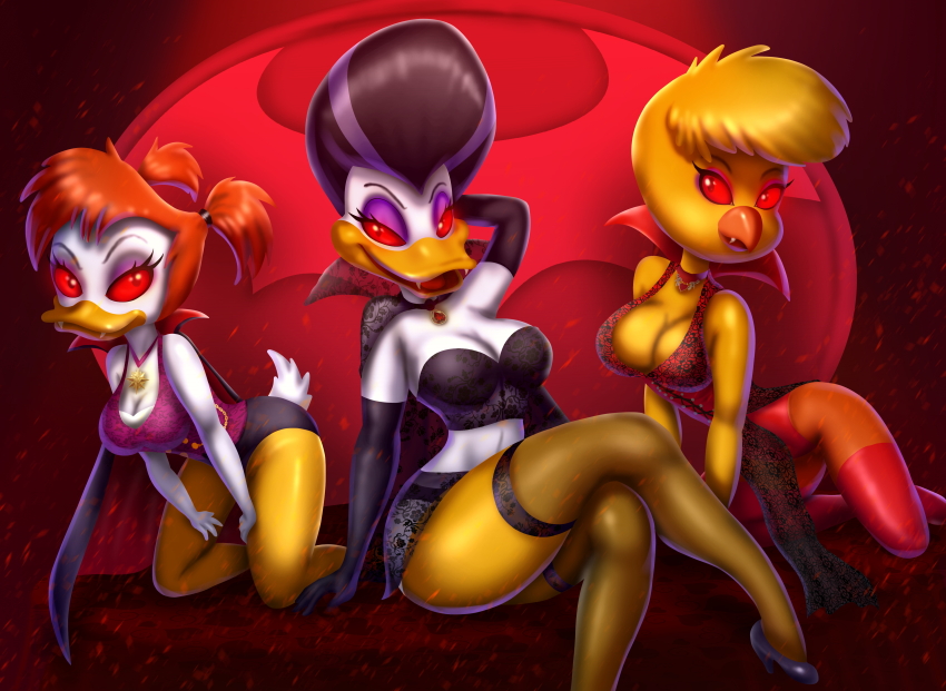 14-bis bare_shoulders beehive_hair binkie_muddlefoot blonde_hair breasts cape chicken_girl choker cleavage corruption crossed_legs darkwing_duck_(series) disney duck_girl evil_smile fangs femsub furry gloves glowing glowing_eyes gosalyn_mallard halloween high_heels jewelry kneeling large_breasts lingerie maledom midriff morgana_mccawber multicolored_hair opera_gloves red_eyes red_hair short_hair shorts story thighhighs twintails vampire western