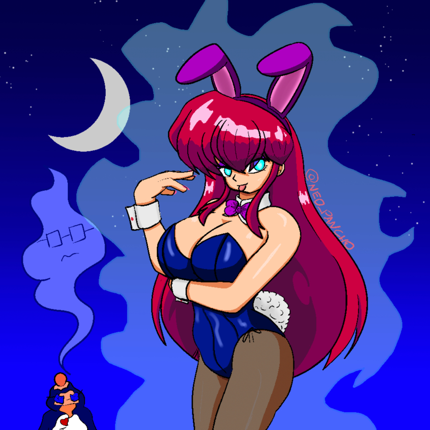 absurdres alternate_hairstyle aura bare_shoulders blue_eyes breasts bunny_girl bunnysuit character_request choker clothed corruption eye_color_change fake_animal_ears femsub fishnets genderswap large_breasts nail_polish neopancho night outdoors possession ranma_1/2 ranma_saotome red_hair symbol_in_eyes tail tongue tongue_out very_long_hair