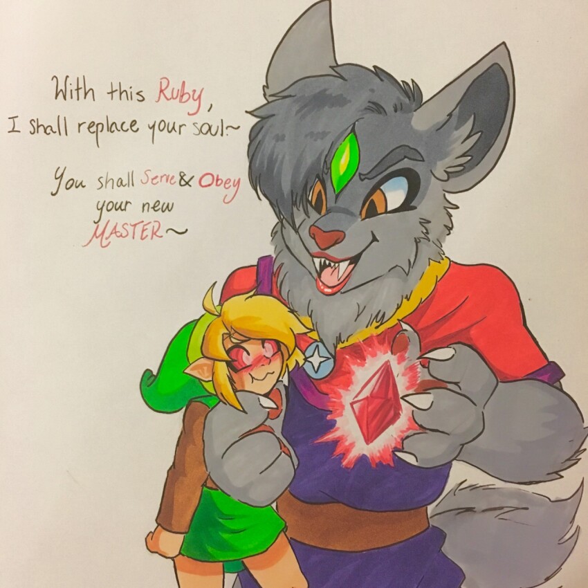 aholden48 blonde_hair blush clothed crystal dialogue english_text femdom furry grey_hair link lipstick lupay malesub nintendo open_mouth orange_eyes red_lipstick ring_eyes short_hair sidecut simple_background size_difference smile tagme text the_legend_of_zelda wolf_girl