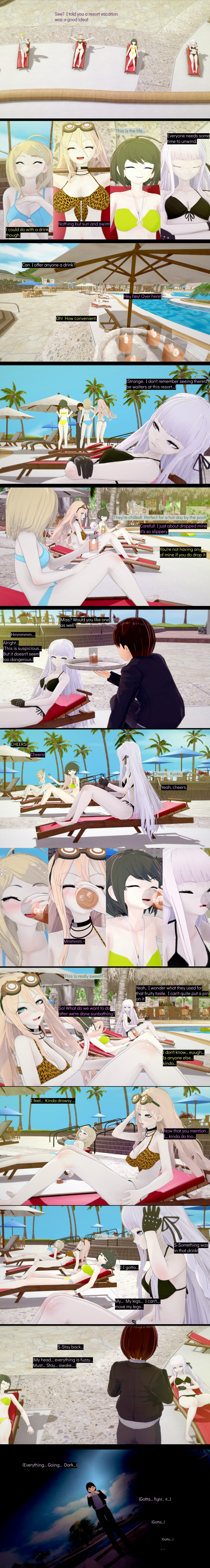 3d cyanstargazer dangan_ronpa dangan_ronpa_3 dangan_ronpa_v3 drugged femsub kaede_akamatsu komaru_naegi kyoko_kirigiri miu_iruma multiple_girls swimsuit text