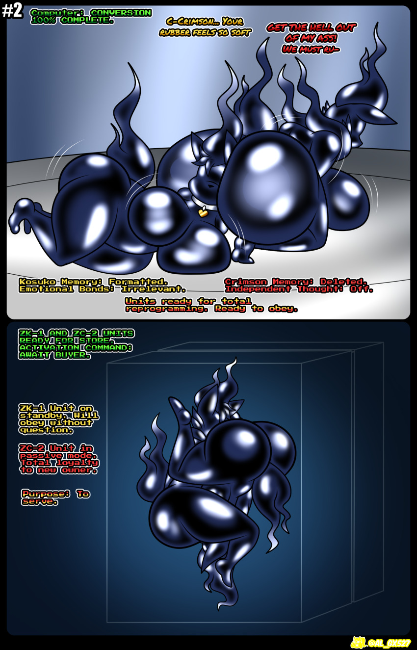 69 al_gx ass ass_worship bodysuit dialogue drone furry hisuian_zorua hypnotic_accessory large_ass latex nintendo null_bulge pokemon resisting rubber tech_control text transformation yuri zorua