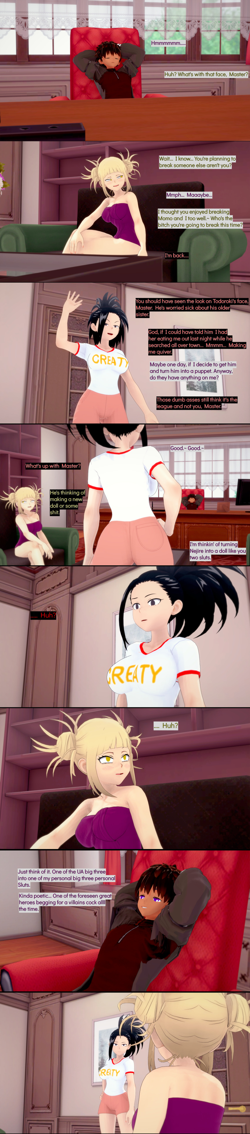 3d black_eyes black_hair blonde_hair cyanstargazer dark_skin english_text femsub himiko_toga koikatsu! maledom momo_yaoyorozu multiple_girls multiple_subs my_hero_academia original purple_eyes text the_puppeteer_(cyanstargazer) yellow_eyes