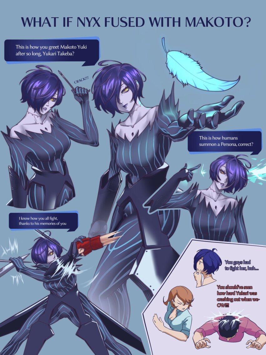 alternate_costume alternate_hair_color angry bare_shoulders black_hair blue_background blue_hair bodysuit breasts brown_hair chin_hold closed_eyes corruption dialogue english_text femdom femsub fingerless_gloves fusion genderswap gloves glowing hair_covering_one_eye junpei_iori malesub mayonnaisenais megami_tensei_ii minato_arisato nyx_(megami_tensei) persona_(series) persona_3 possession purple_hair purple_skin short_hair spanking sword text transgender weapon yellow_eyes yukari_takeba