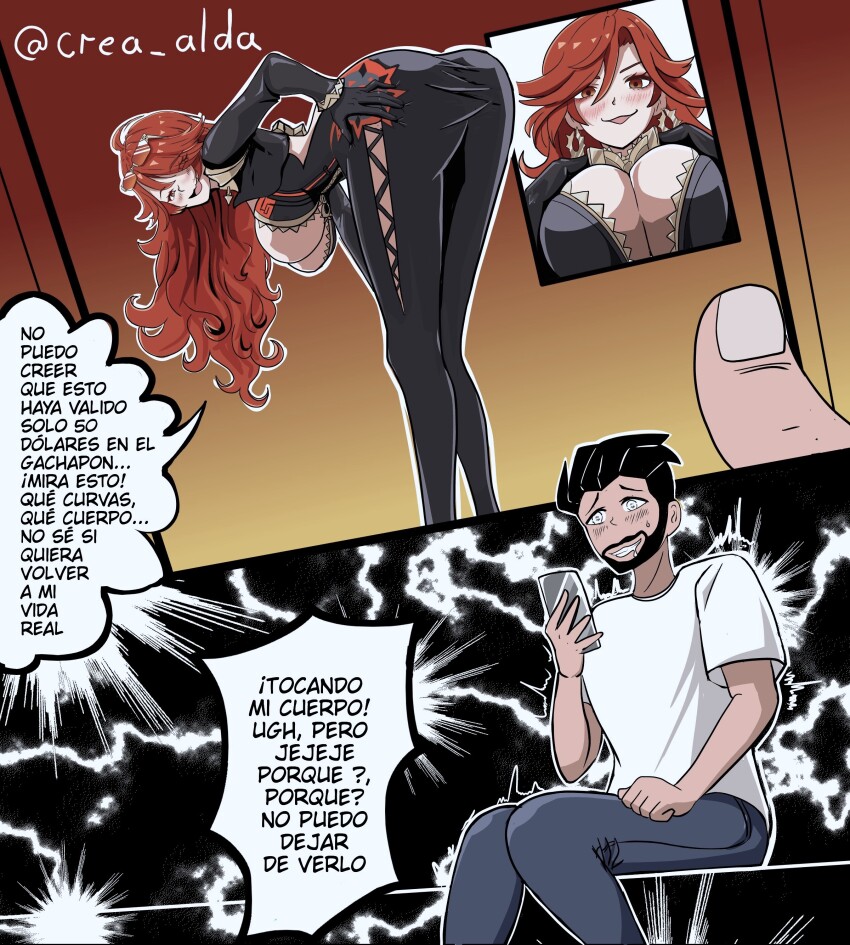 ahoge alda-crea ass beard blush body_swap bodysuit breasts character_request cleavage comic dialogue drool empty_eyes evil_smile femsub genshin_impact hand_on_hip large_ass large_breasts leaning_forward long_hair looking_at_viewer looking_back maledom mavuika_(genshin_impact) orange_eyes orange_hair pants phone possession shirt short_hair sitting smile spanish spanish_text speech_bubble standing text translation_request