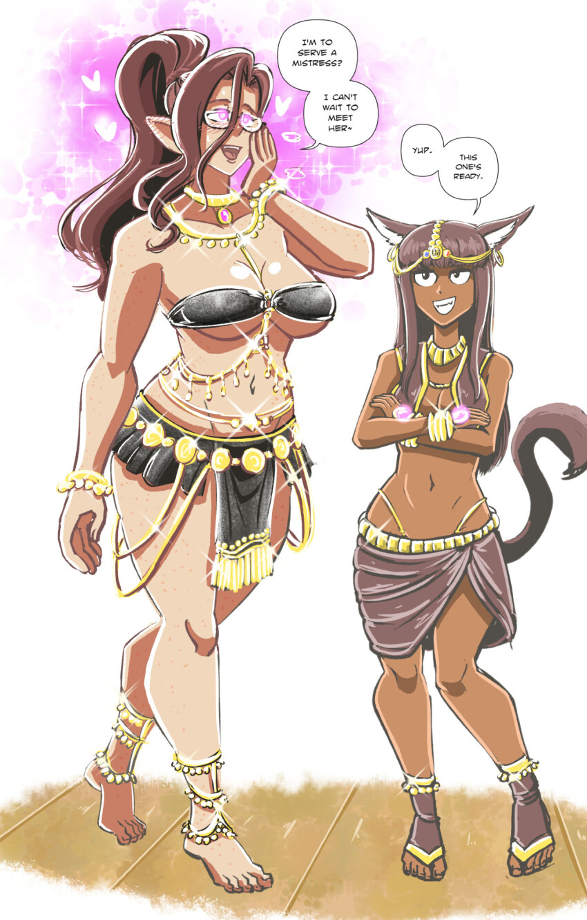 anklet bare_legs bare_shoulders barefoot black_hair black_sclera bra bracelet breasts brown_hair cat_girl character_request cleavage crossed_arms dark_skin elf elf_ears feet female_only femdom femsub final_fantasy final_fantasy_xiv freckles glasses glowing gold happy_trance harem_outfit headdress heart heart_eyes hypnotic_clothing jewelry large_breasts long_hair majinsfw midriff miqo&#039;te multiple_girls navel necklace original pink_eyes ponytail sale short_skirt simple_background size_difference skirt smile smirk sparkle square_enix tail underboob white_background wide_hips wrist_band