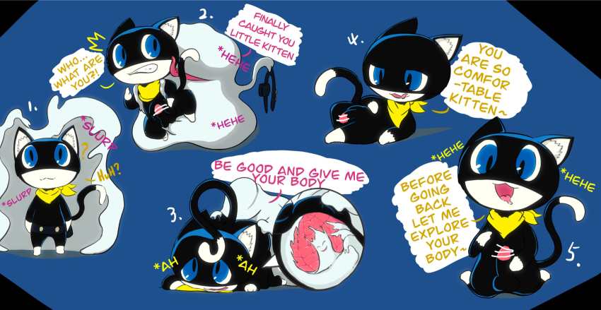 blue_background blue_eyes censored comic dialogue drool english_text furry hypnotic_slime kneeling lying male_only malesub morgana_(persona_5) neckerchief penis persona_(series) persona_5 possession qpandaa sequence simple_background slime smile standing tail text tongue tongue_out