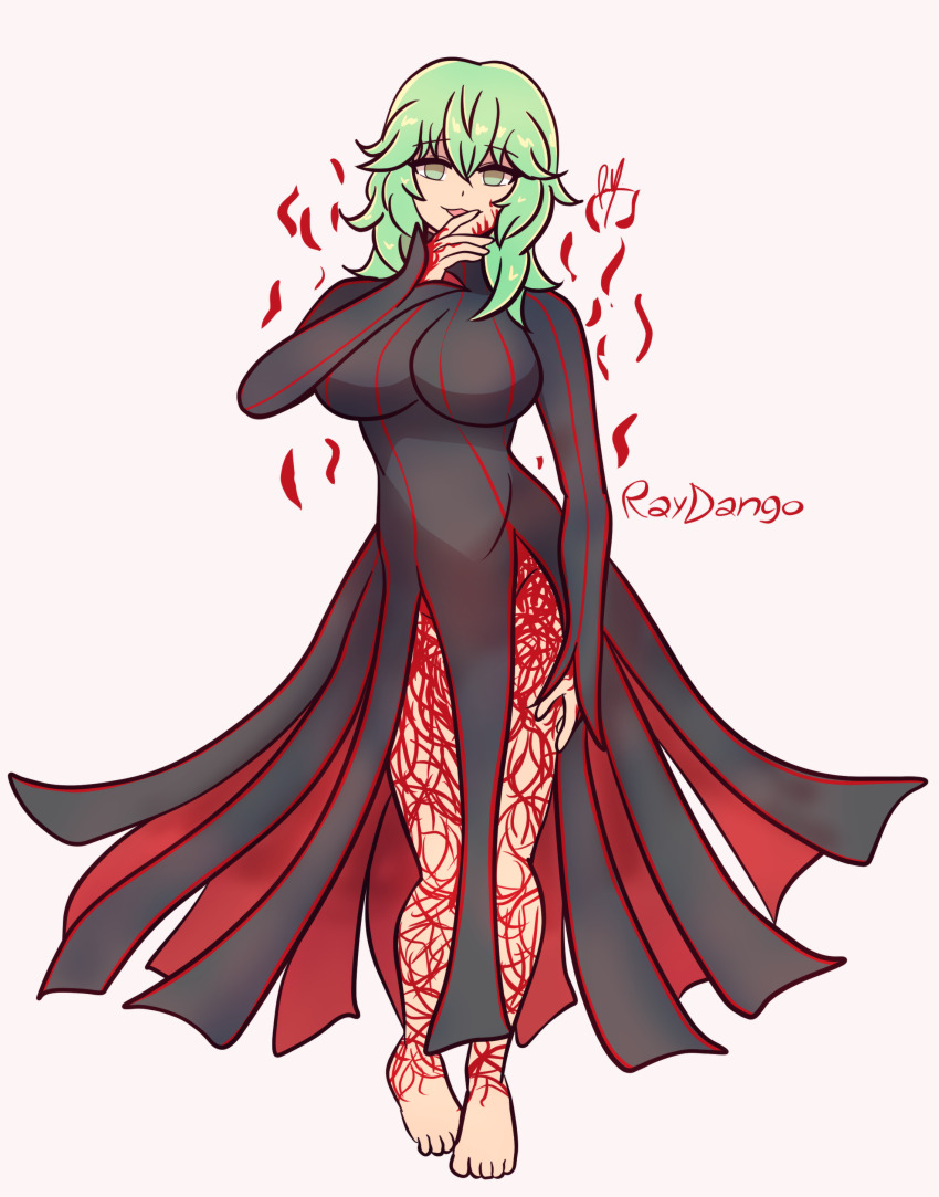 alternate_costume alternate_hair_color angra_mainyu aura bare_legs barefoot body_markings breasts byleth_eisner corruption cosplay crossover english_text evil_smile fate/stay_night fate/stay_night_heaven&#039;s_feel fate_(series) femsub fire_emblem fire_emblem_three_houses green_hair happy_trance large_breasts legs long_hair looking_at_viewer nintendo open_mouth possession raydango smile text white_background