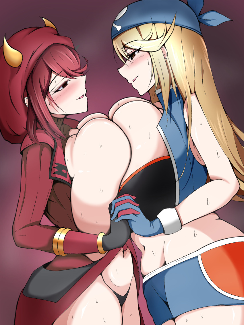 bandana blonde_hair blush breast_press breasts brown_eyes enemy_conversion female_only femsub gloves holding_hands hoodie horns huge_breasts kia-shi large_breasts light_skin long_hair multiple_girls multiple_subs mythra_(xenoblade) navel nintendo pale_skin pokemon pokemon_ruby_sapphire_and_emerald pyra_(xenoblade) red_eyes red_hair short_hair shorts symmetrical_docking team_aqua team_aqua_grunt team_magma team_magma_grunt thong xenoblade_chronicles xenoblade_chronicles_2 yuri
