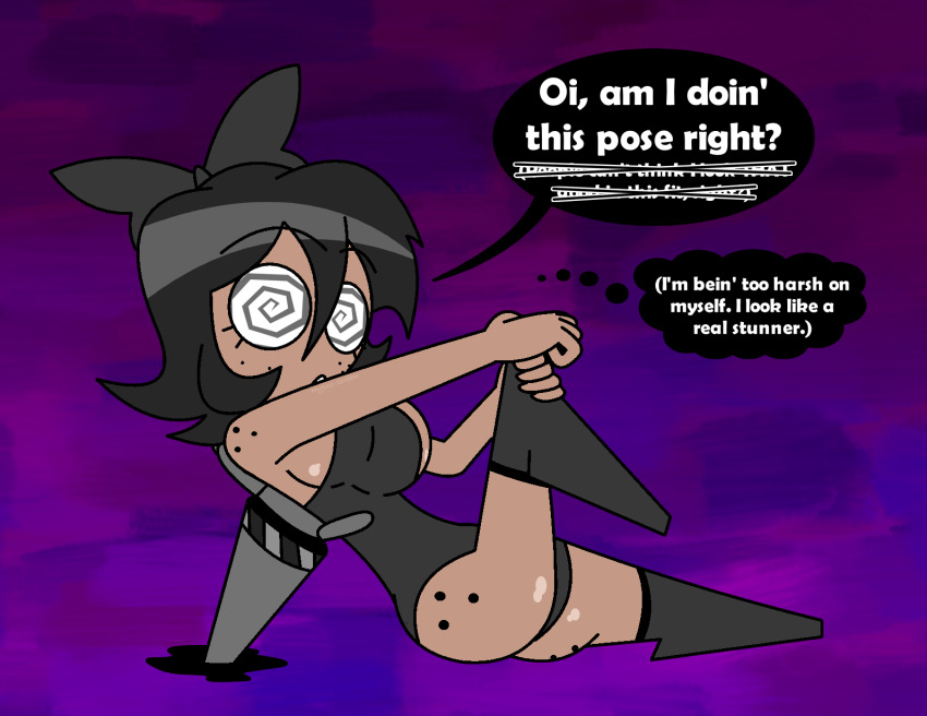 aged_up alternate_costume androgynous_dom bare_shoulders black_hair bow dark_skin english_text eyebrows_visible_through_hair eyelashes femsub freckles good_sub_conditioning hypnoscream large_ass large_breasts leotard looking_at_viewer murder_drones posing pov_dom purple_background shiny_skin short_hair sideboob sitting solo speech_bubble spiralwash_eyes tessa_james_elliot thought_bubble unaware